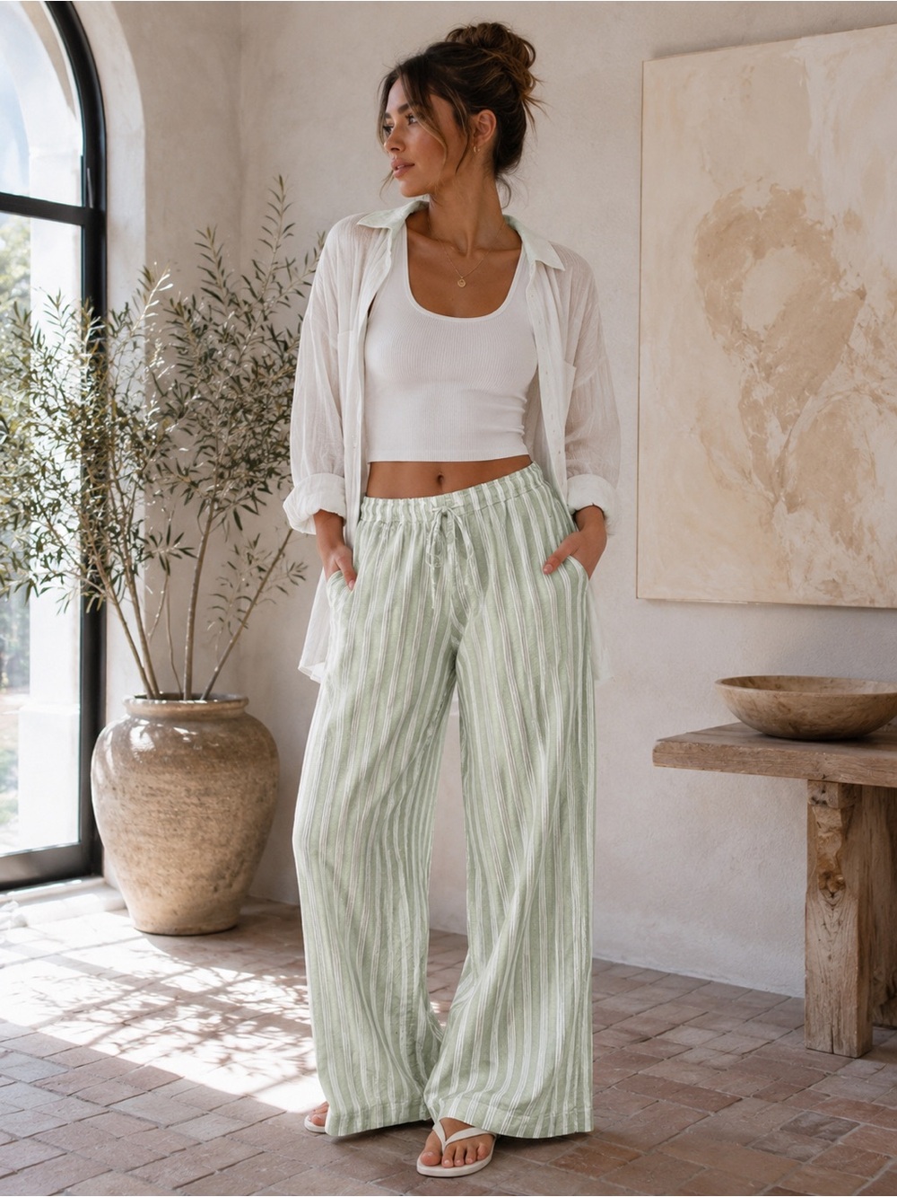 Women's Cali 1850 Light Green & White Striped Flowy
Wide Leg Pants Size Large |